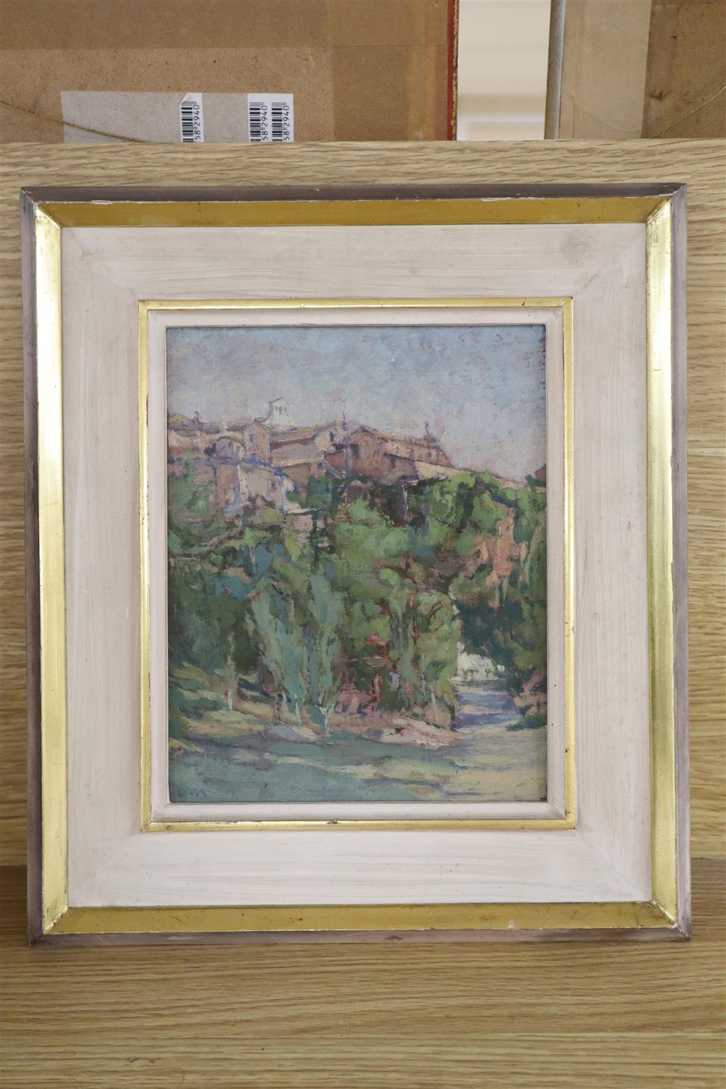 Diana Armfield (1920-), oil on board, Orvieto from below, initialled and inscribed verso, 20 x 16cm